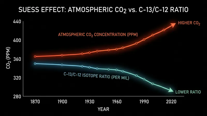 As total carbon dioxide levels rise, the proportion of the heavier Carbon-13 isotope falls—proving the new carbon is biological.