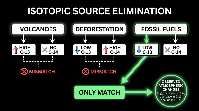 Fossil fuels are the only source that matches both the biological (low C-13) and ancient (zero C-14) signatures found in the atmosphere.