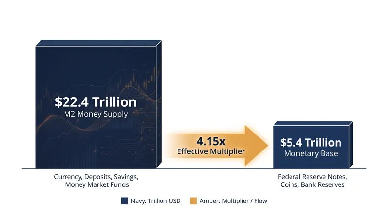 The broad money supply dwarfs the central bank's monetary base, illustrating the scale of private credit creation.