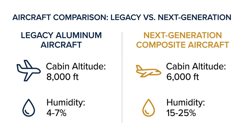Composite fuselages allow for higher internal pressure and humidity without risking structural fatigue or corrosion.