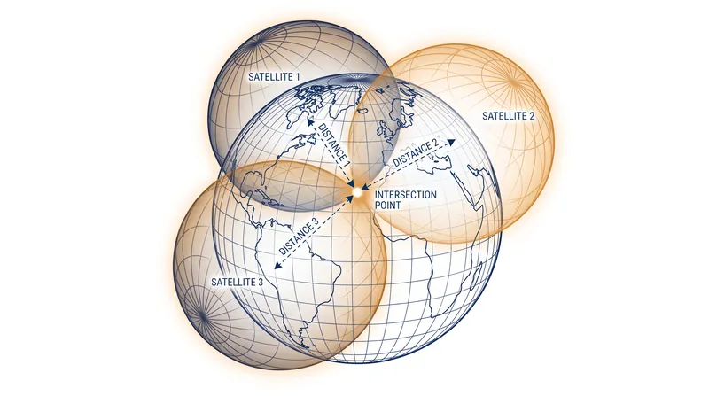 Trilateration uses the intersection of multiple distance spheres to pinpoint a receiver's exact location.