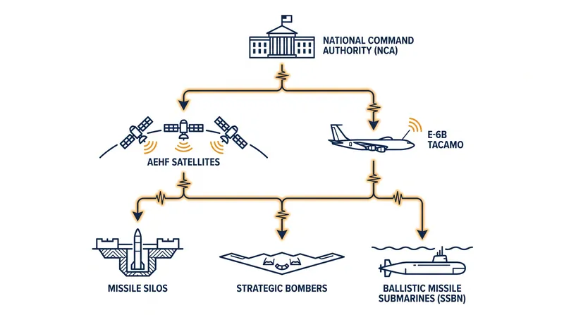 The U.S. NC3 architecture utilizes redundant space and airborne relays to ensure communication with strategic forces.