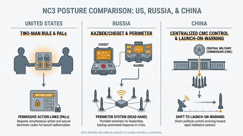 Structural differences in command architectures reflect the unique strategic doctrines of the three major nuclear powers.