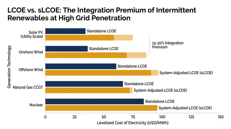 System-level metrics reveal a significant integration premium for intermittent renewables at high grid penetration.