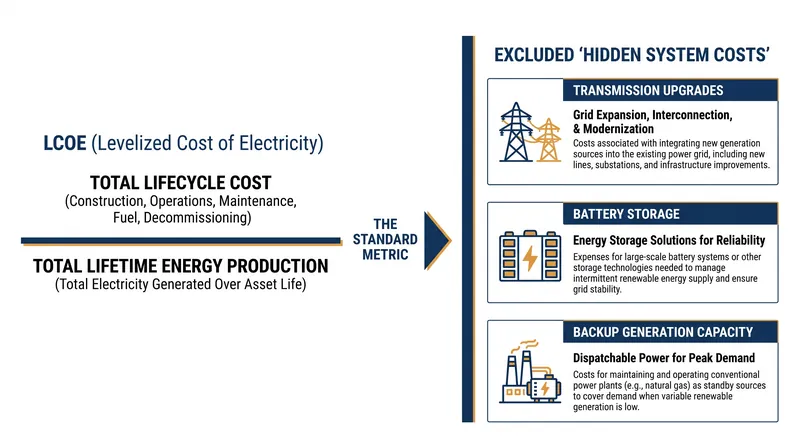 Traditional LCOE calculations exclude the system-wide infrastructure required to integrate intermittent power.