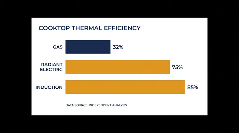 Induction cooktops transfer roughly 85 percent of their energy directly to the cookware, compared to 32 percent for gas.