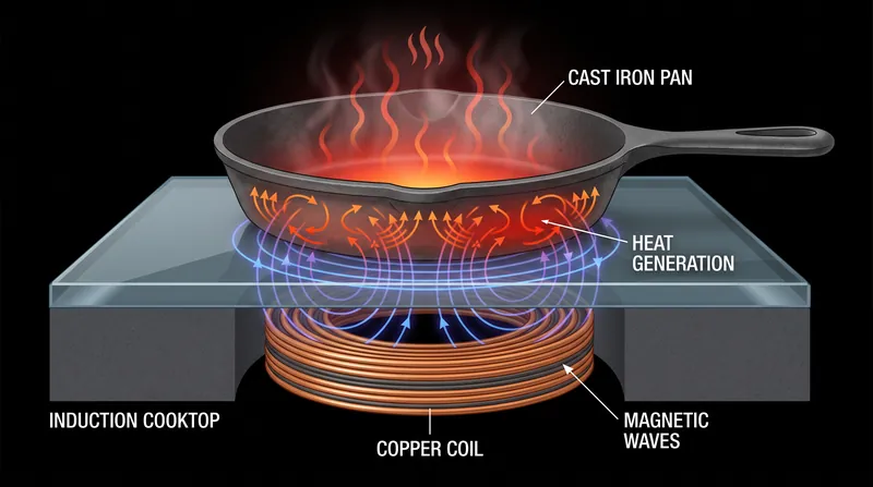 An alternating electric current creates a magnetic field that induces heat-generating eddy currents within the metal of the pan.