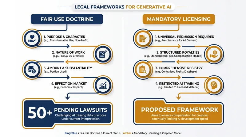 A comparison of the two primary legal frameworks proposed for governing generative AI training data.