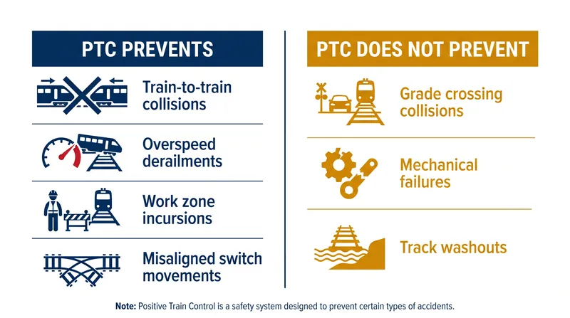 While PTC eliminates the most catastrophic human-error accidents, it is not designed to detect mechanical failures or grade crossing obstructions.