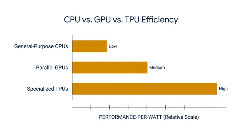 TPUs trade general-purpose flexibility for massive gains in performance-per-watt during matrix operations.