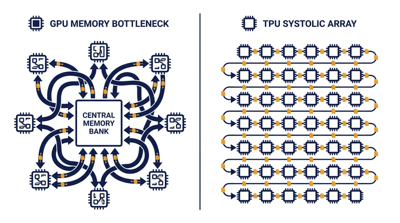 How a systolic array eliminates the memory bottleneck by passing data directly between processing units.