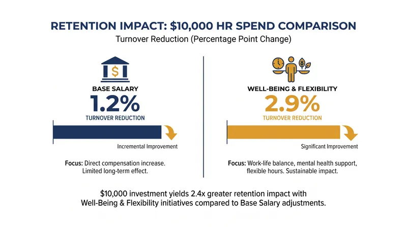 Targeted well-being investments yield a significantly higher retention ROI than equivalent base salary increases.