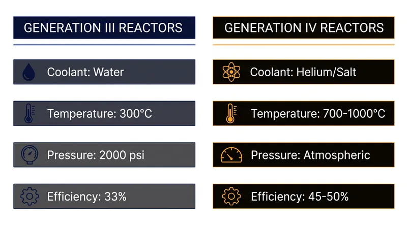 Thermodynamic differences between legacy light-water reactors and advanced Generation IV designs.