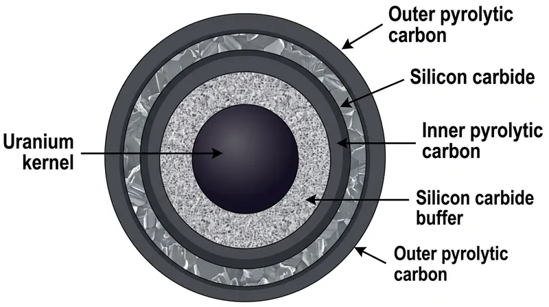 TRISO fuel particles wrap uranium in ceramic layers that cannot melt under reactor conditions.