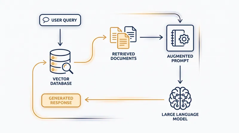 The RAG pipeline intercepts a user's query, fetches relevant facts from a database, and forces the AI to answer using only the retrieved information.