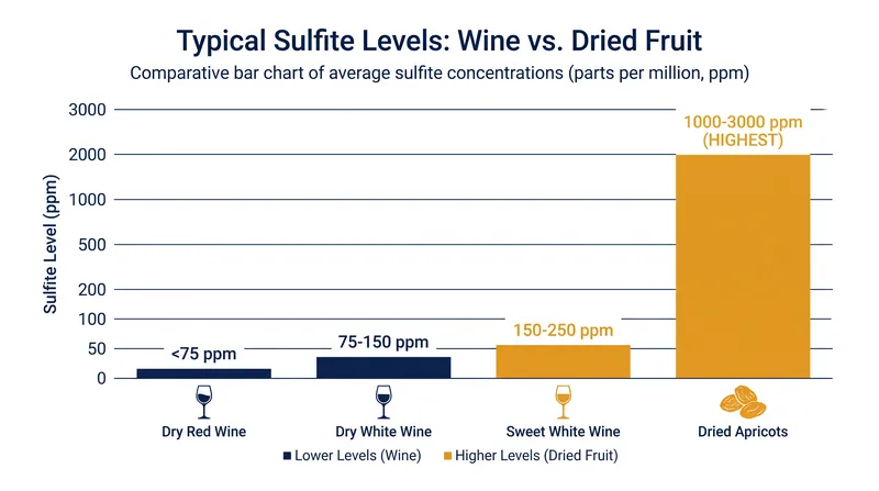 White wines and dried fruits typically contain significantly higher sulfite concentrations than dry red wines.