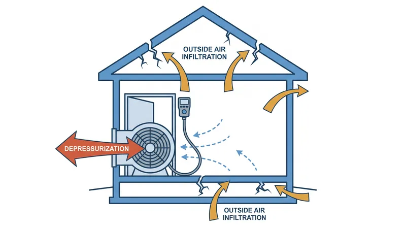 Depressurizing the home forces outside air through structural bypasses, allowing auditors to quantify total leakage.