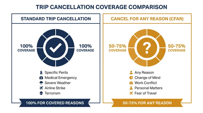 Standard cancellation requires a covered peril, while CFAR offers flexibility at a reduced reimbursement rate.