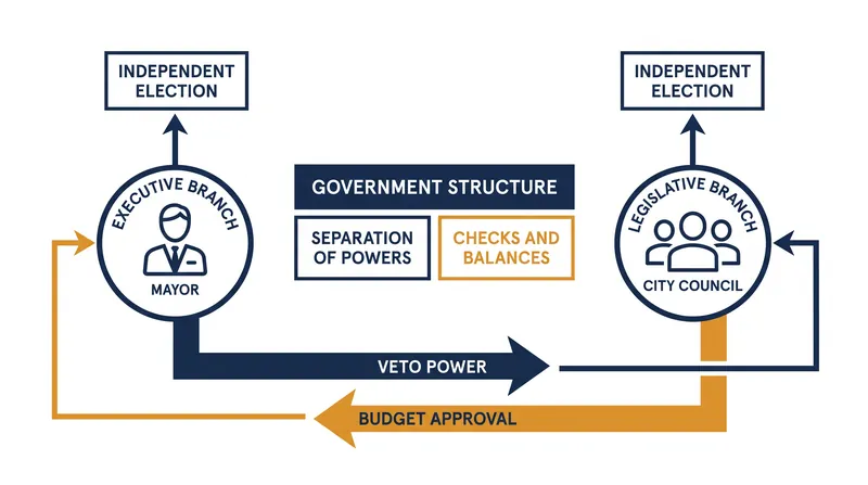 The strong mayor-council system features a strict separation of powers between the executive and legislative branches.