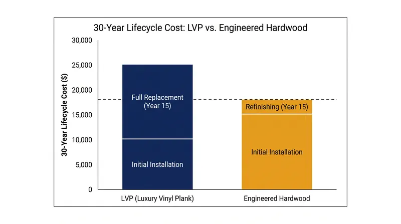 Over a 30-year period, the cost of replacing LVP exceeds the combined installation and refinishing costs of engineered hardwood.