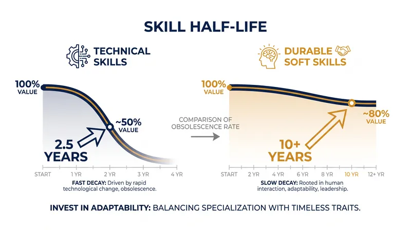 Technical skills now lose half their market value in just 30 months, while durable human skills retain their utility for a decade or more.