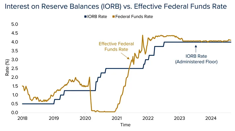 In the modern ample-reserves regime, the IORB rate serves as the primary tool to steer the federal funds rate.
