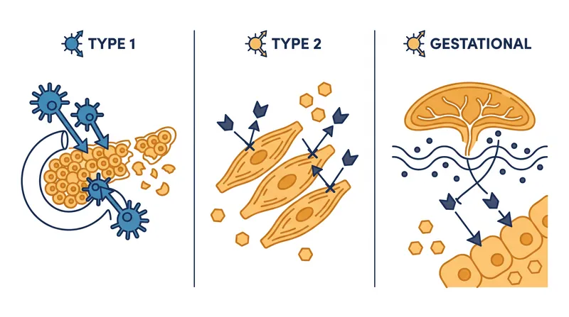 While the result is the same, the cellular origins of Type 1, Type 2, and gestational diabetes are fundamentally different.