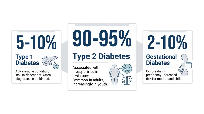 Type 2 diabetes accounts for the vast majority of cases globally, driven by metabolic insulin resistance.