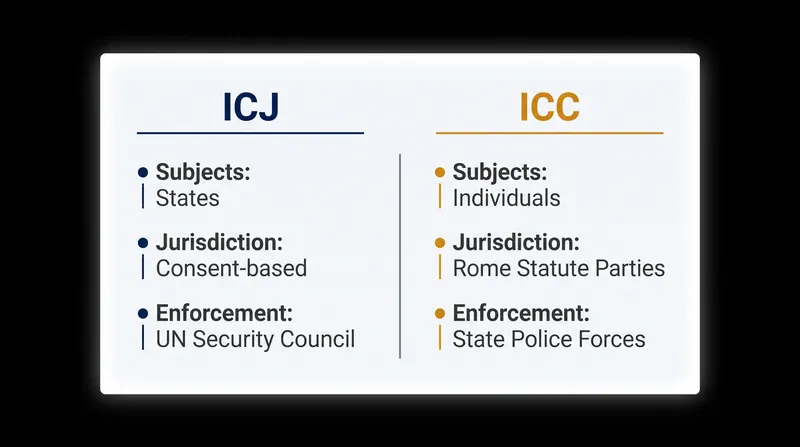 Key structural differences between the International Court of Justice and the International Criminal Court.