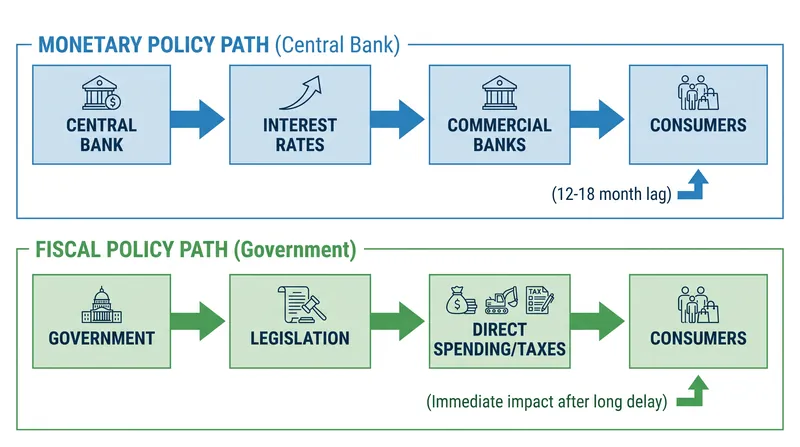 The differing transmission speeds of monetary and fiscal interventions.