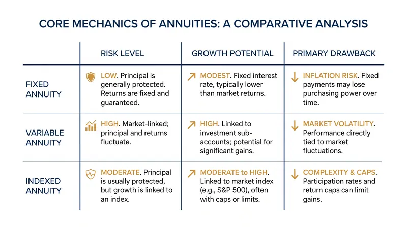 The structural trade-offs between fixed, variable, and indexed annuity contracts.