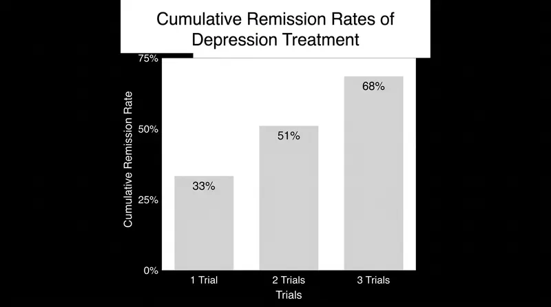 While the first medication may not achieve full remission, cumulative success rates rise significantly as clinicians adjust and switch therapies.