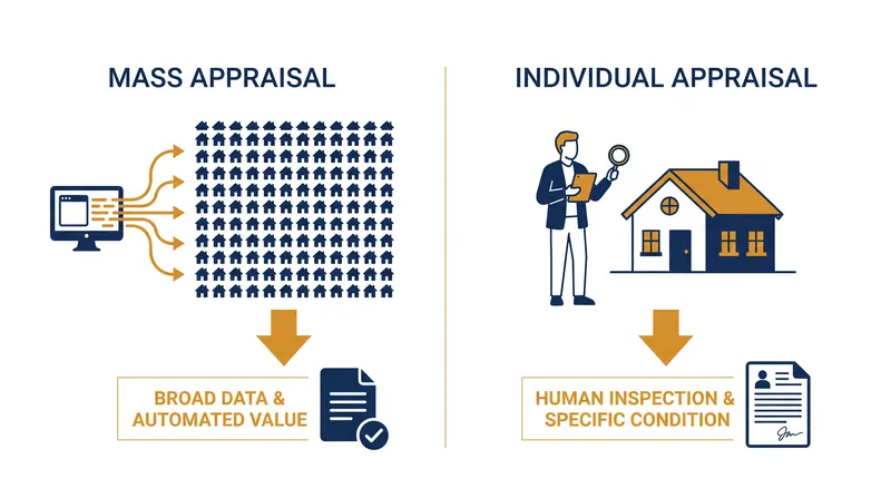 Mass appraisal prioritizes municipal efficiency, which is why factual errors on individual property records are common.