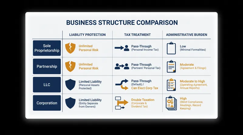 A comparative matrix of the four primary legal structures for U.S. businesses.