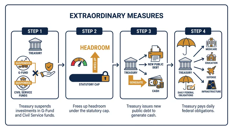 Extraordinary measures are temporary accounting maneuvers that shift intragovernmental liabilities to free up borrowing capacity.
