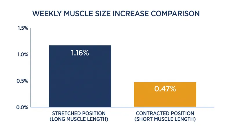 Isometric training at long muscle lengths yields more than double the weekly hypertrophy of training at short muscle lengths.