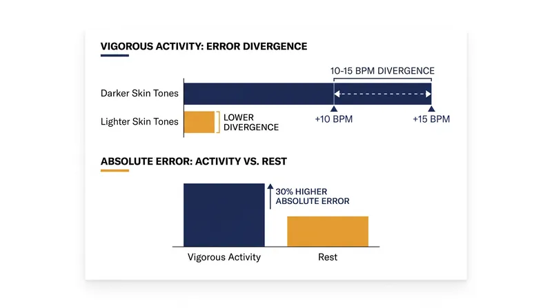 Wearable error rates diverge significantly during intense physical activity and across different skin tones.