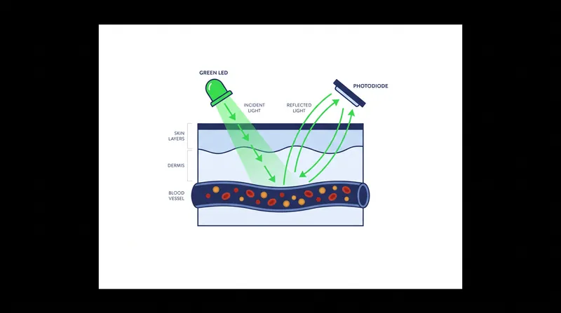 How PPG works: Light is absorbed by the blood, and the reflected remainder is measured by a photodiode to calculate the pulse.
