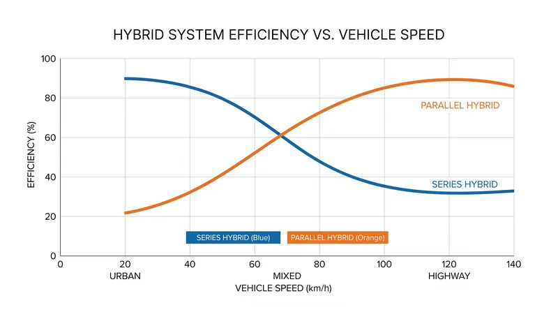 Series systems excel in stop-and-go traffic, while parallel systems are optimized for sustained highway cruising.