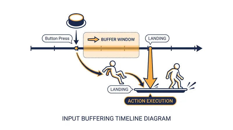 Input Buffering stores early button presses and executes them at the first valid opportunity.