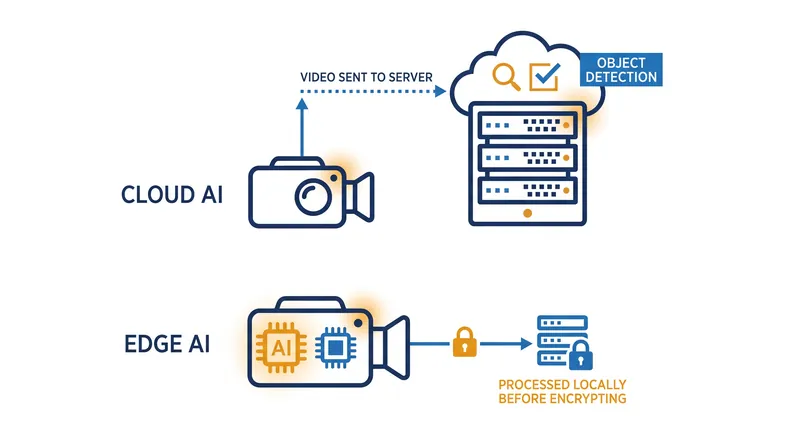 To maintain smart features like package detection without compromising E2EE, cameras must process video locally on edge AI chips.