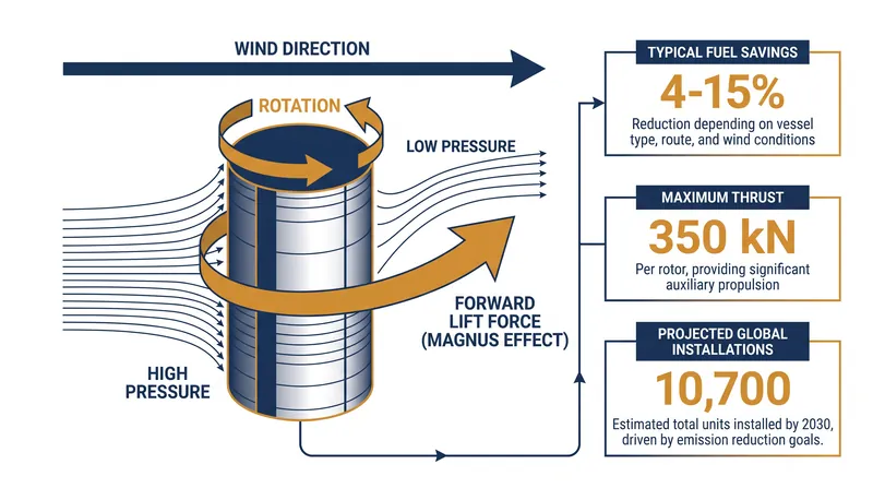 How spinning cylinders harness crosswinds to create an aerodynamic lift force that propels the vessel forward.