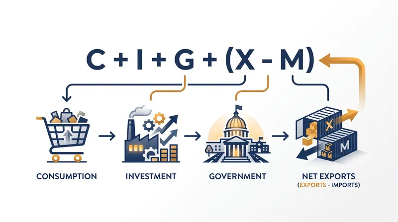 The Expenditure Approach tracks the final buyers in the economy, summing consumption, investment, government spending, and net exports.
