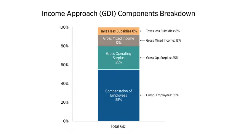 The Income Approach calculates the economy by tracking who gets paid, aggregating wages, corporate profits, and taxes.