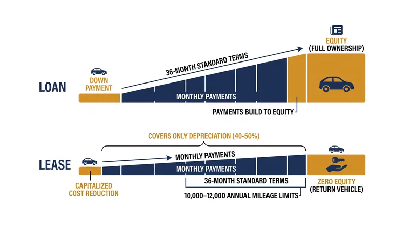 Leasing finances only the vehicle's depreciation, while a loan pays down the total principal to build equity.