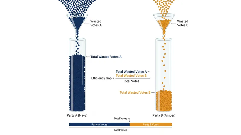 The efficiency gap measures the difference in 'wasted votes' between two parties to quantify partisan bias.