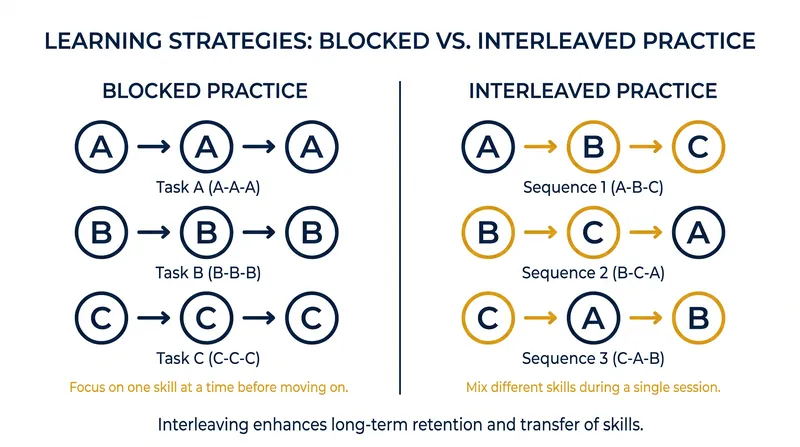 Interleaved practice forces the brain to constantly switch contexts, preventing rote memorization.