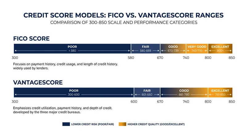 Both FICO and VantageScore utilize a 300 to 850 scale, where higher numbers indicate lower risk to lenders.