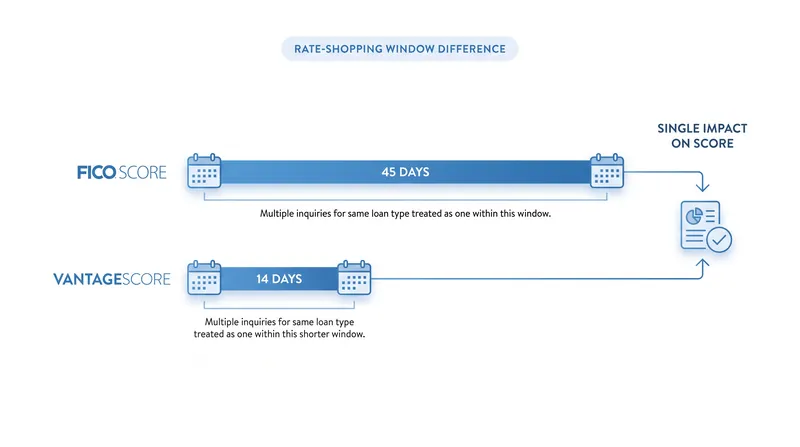 When rate shopping for a loan, completing applications within a 14-day window protects your score across both major models.