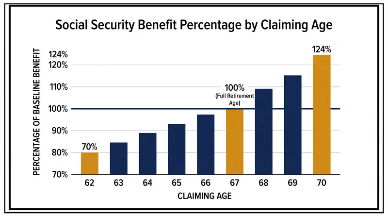 Claiming at 62 results in a 30% reduction, while delaying to 70 yields a 24% increase over the baseline benefit.